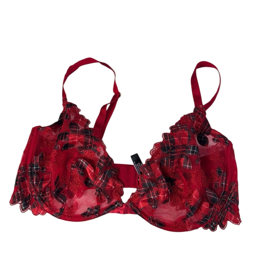 Victoria’s Secret Low Cut Demi Bra 36DD Red Lace Sheer Festival Sexy Unlined
